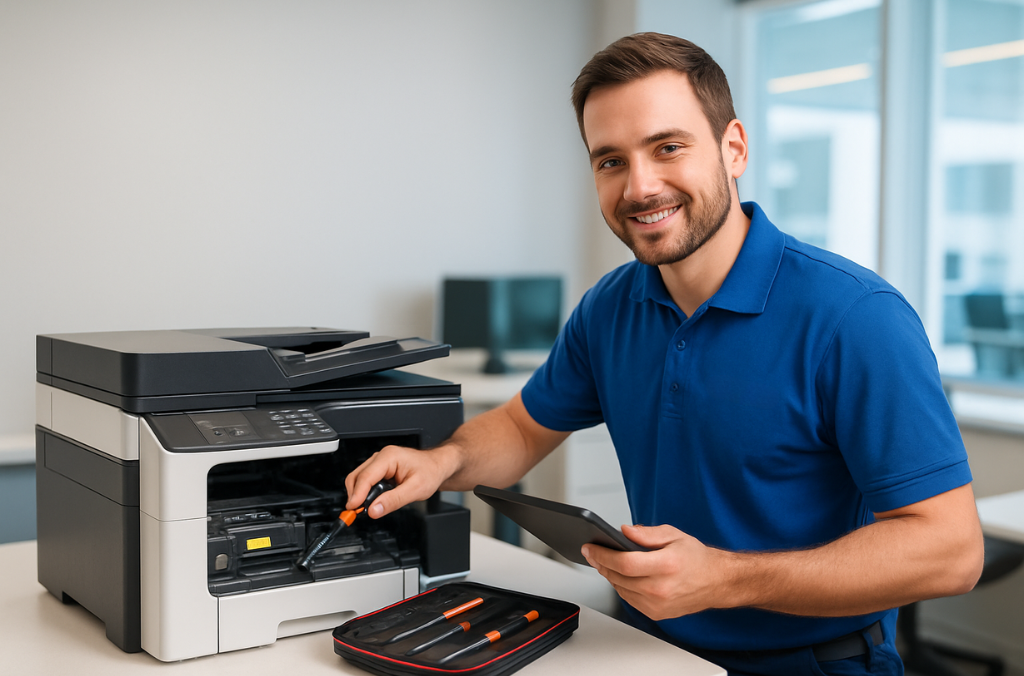 Expert Support Visual Technician Servicing a Printer Onsite e1758557253782